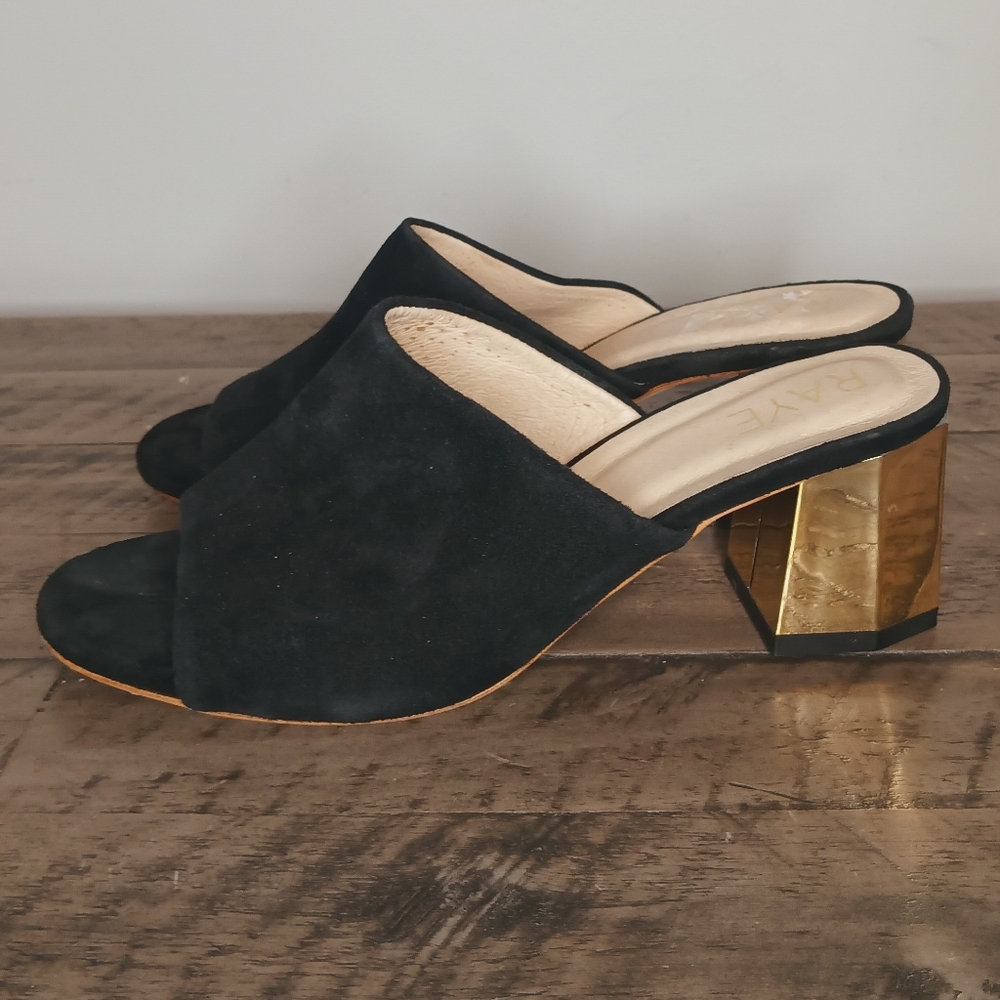 RAYE Slip On Open Toe Gold Heels